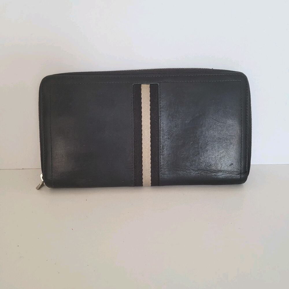 Bally Switzerland‎ Zip Around Wallet Organizer Black 8x4 Large Logo Leather